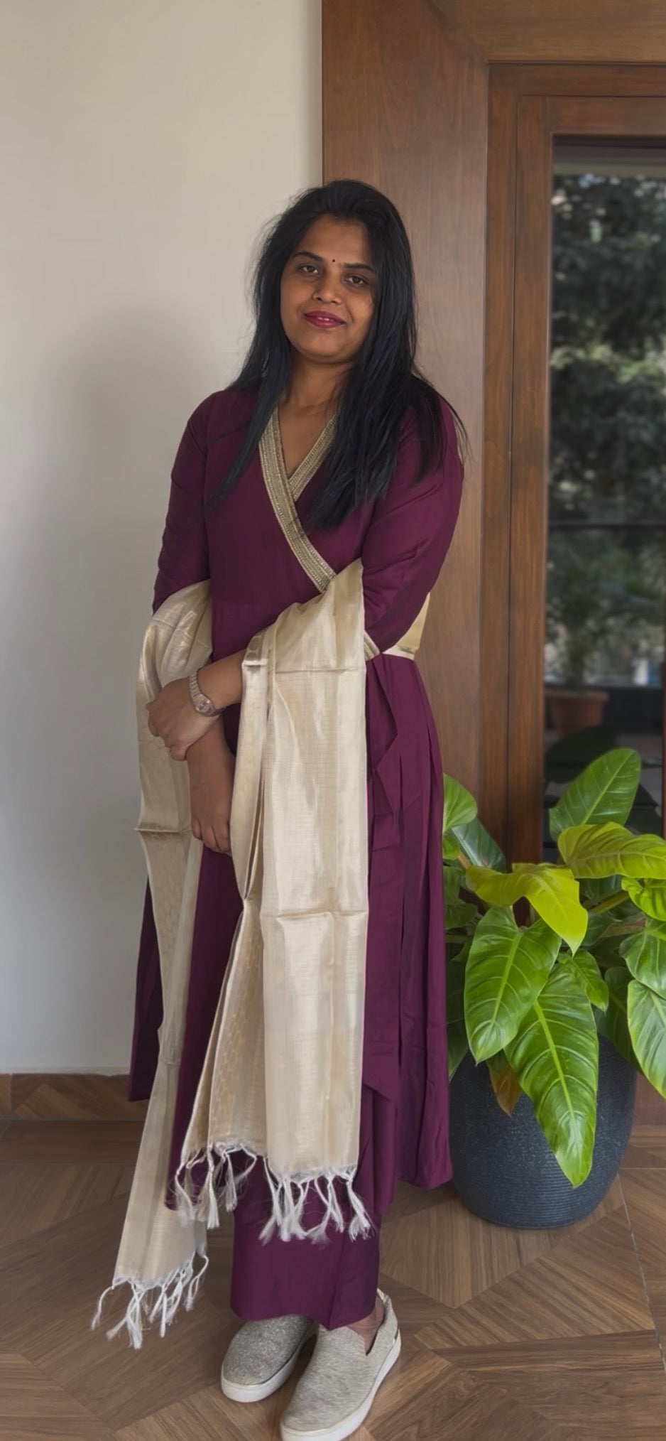 Jabili – Silk Cotton Wrap Anarkali Coord Set with Pants – Wine