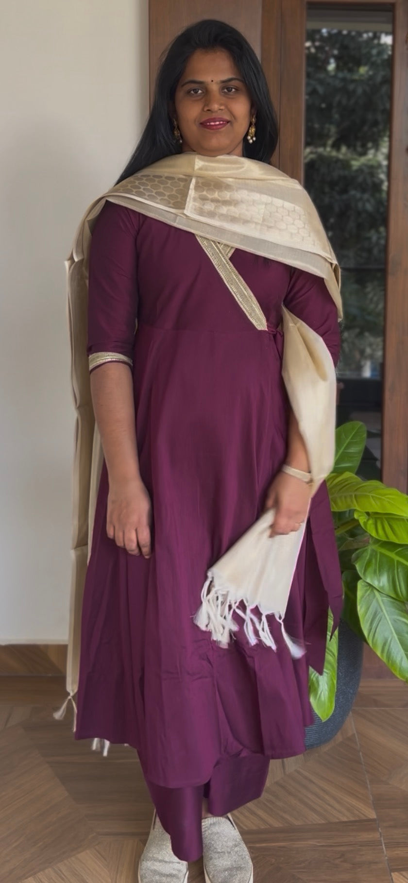 Jabili – Silk Cotton Wrap Anarkali Coord Set with Pants – Wine