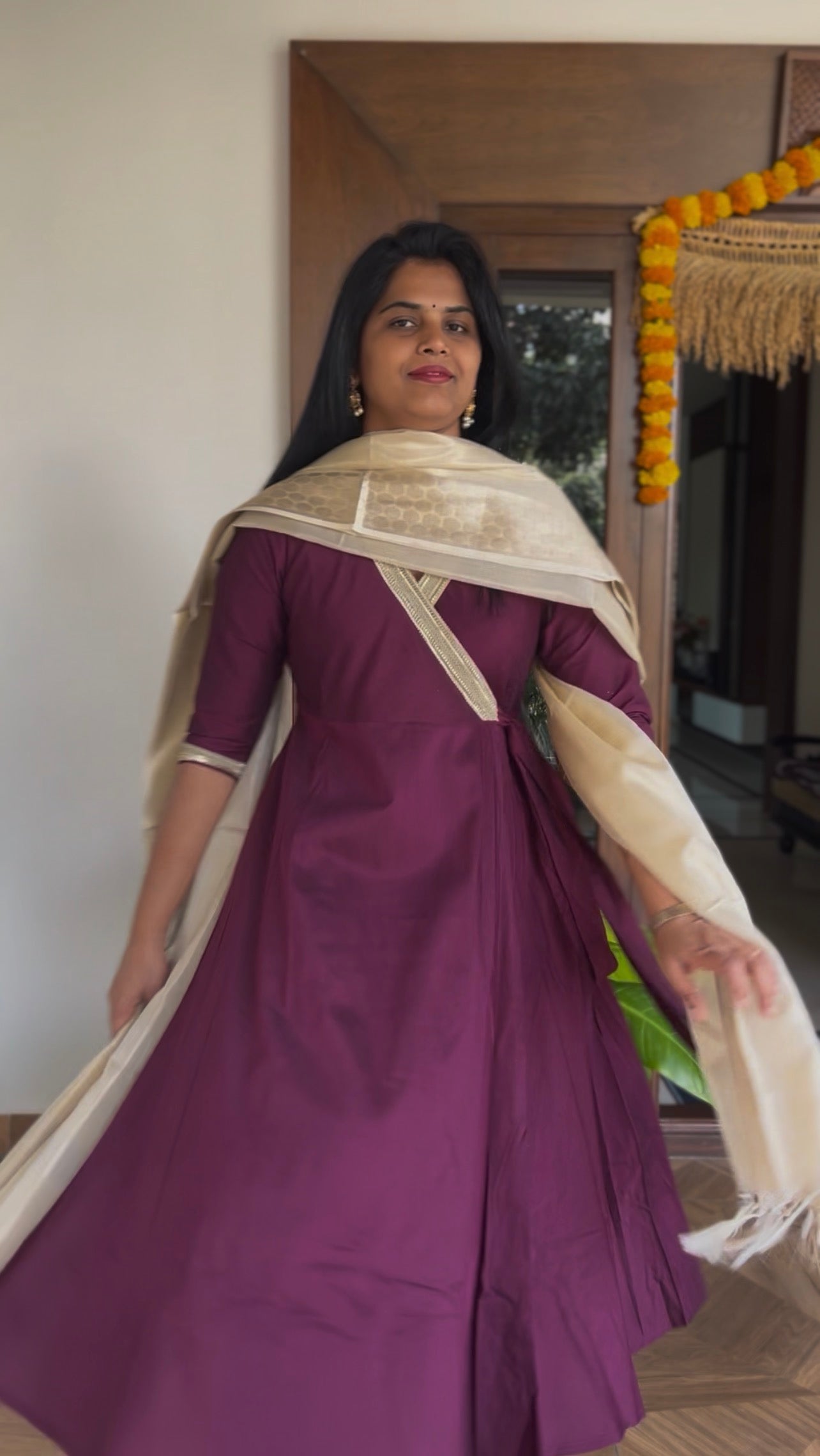 Jabili – Silk Cotton Wrap Anarkali Coord Set with Pants – Wine