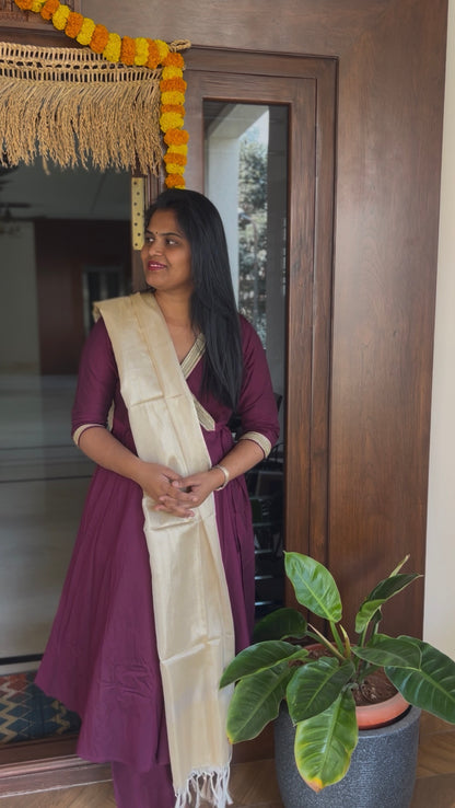 Jabili – Silk Cotton Wrap Anarkali Coord Set with Pants – Wine