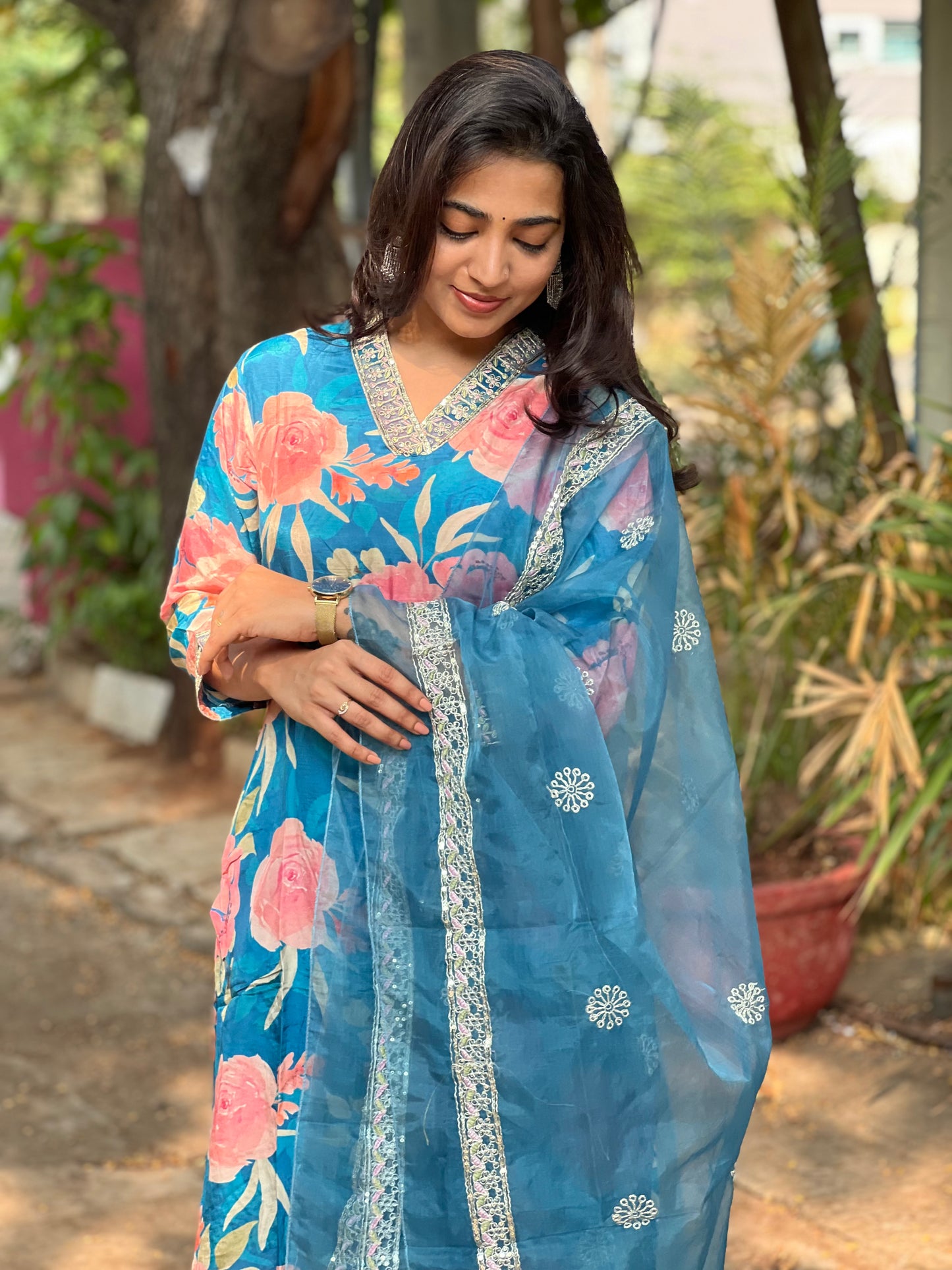 Kiara - Floral Silk kurti set - Blue