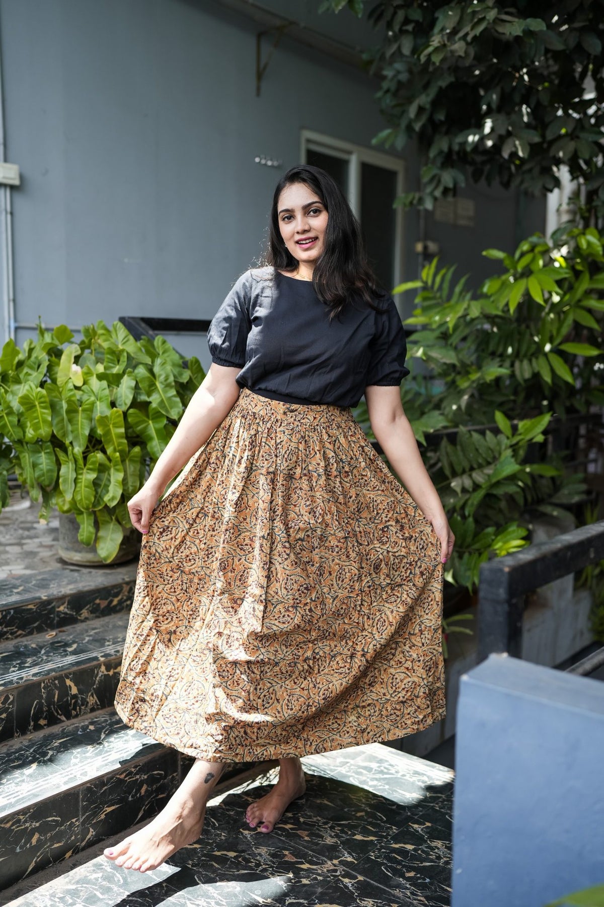 Avni - Kalamkari Skirt Set - Black