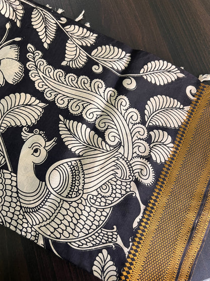 Kalamkari Dupatta - Chennuri silk - Half white and Black