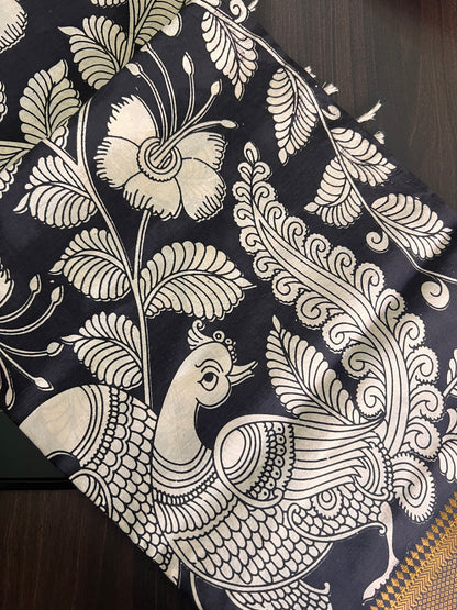 Kalamkari Dupatta - Chennuri silk - Half white and Black