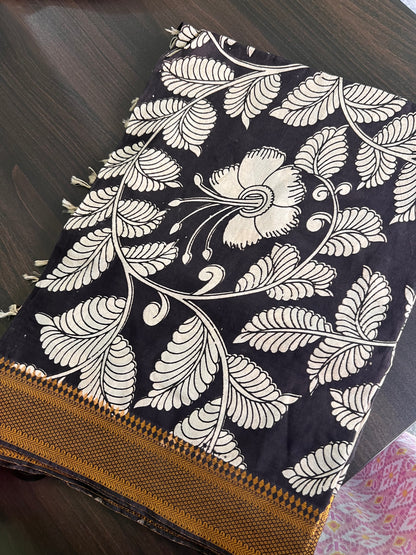 Kalamkari Dupatta - Chennuri silk - Half white and Black