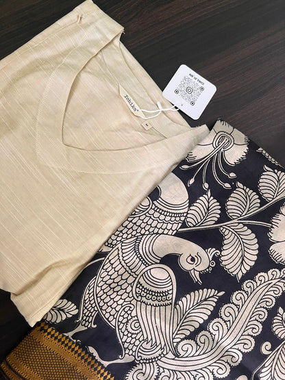Kalamkari Dupatta - Chennuri silk - Half white and Black