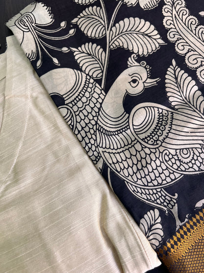 Kalamkari Dupatta - Chennuri silk - Half white and Black