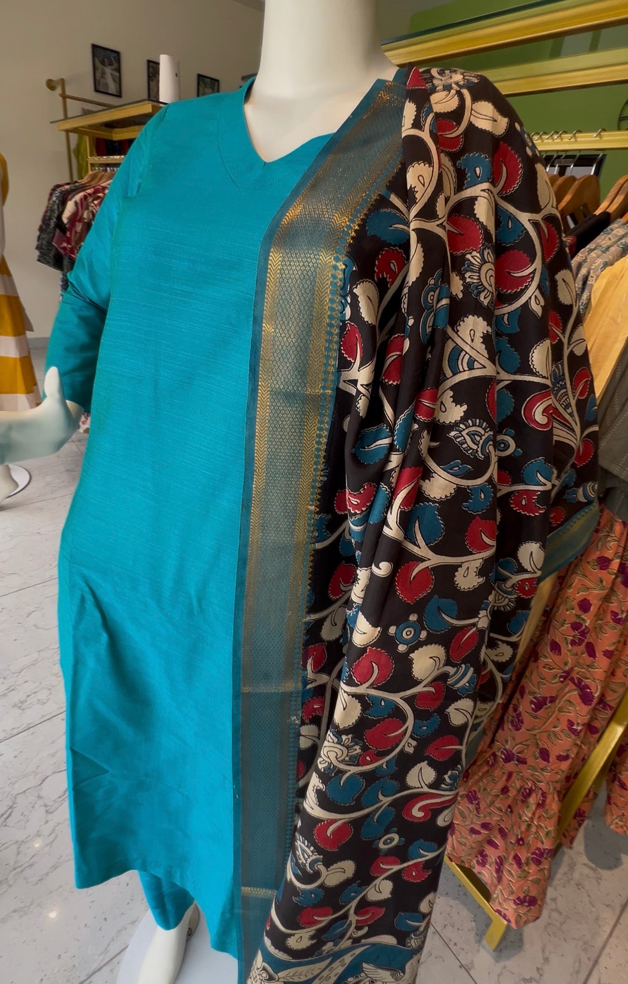 Aqua Blue Silk cotton set with kalamkari dupatta