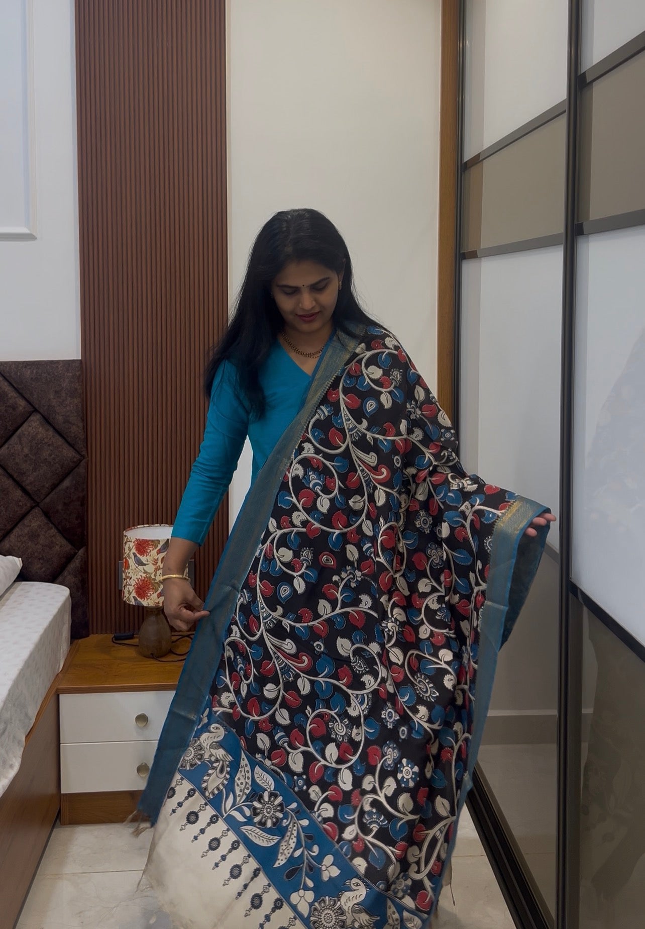 Aqua Blue Silk cotton set with kalamkari dupatta