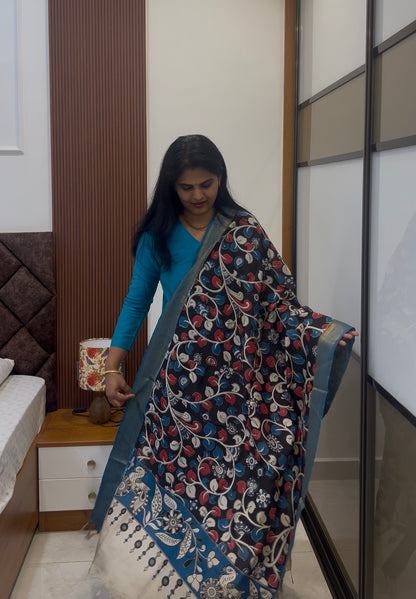 Aqua Blue Silk cotton set with kalamkari dupatta