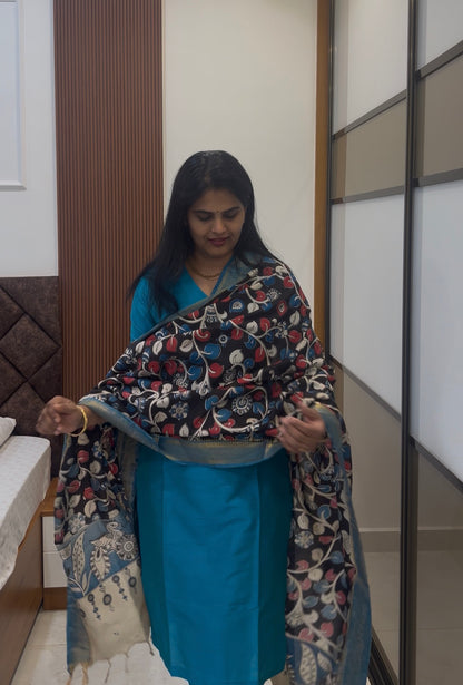 Aqua Blue Silk cotton set with kalamkari dupatta