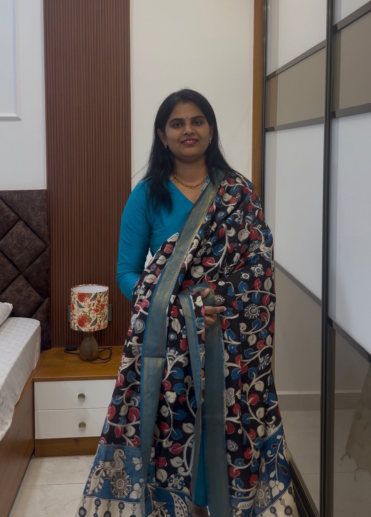 Aqua Blue Silk cotton set with kalamkari dupatta