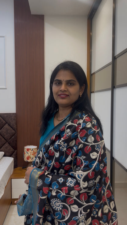 Aqua Blue Silk cotton set with kalamkari dupatta