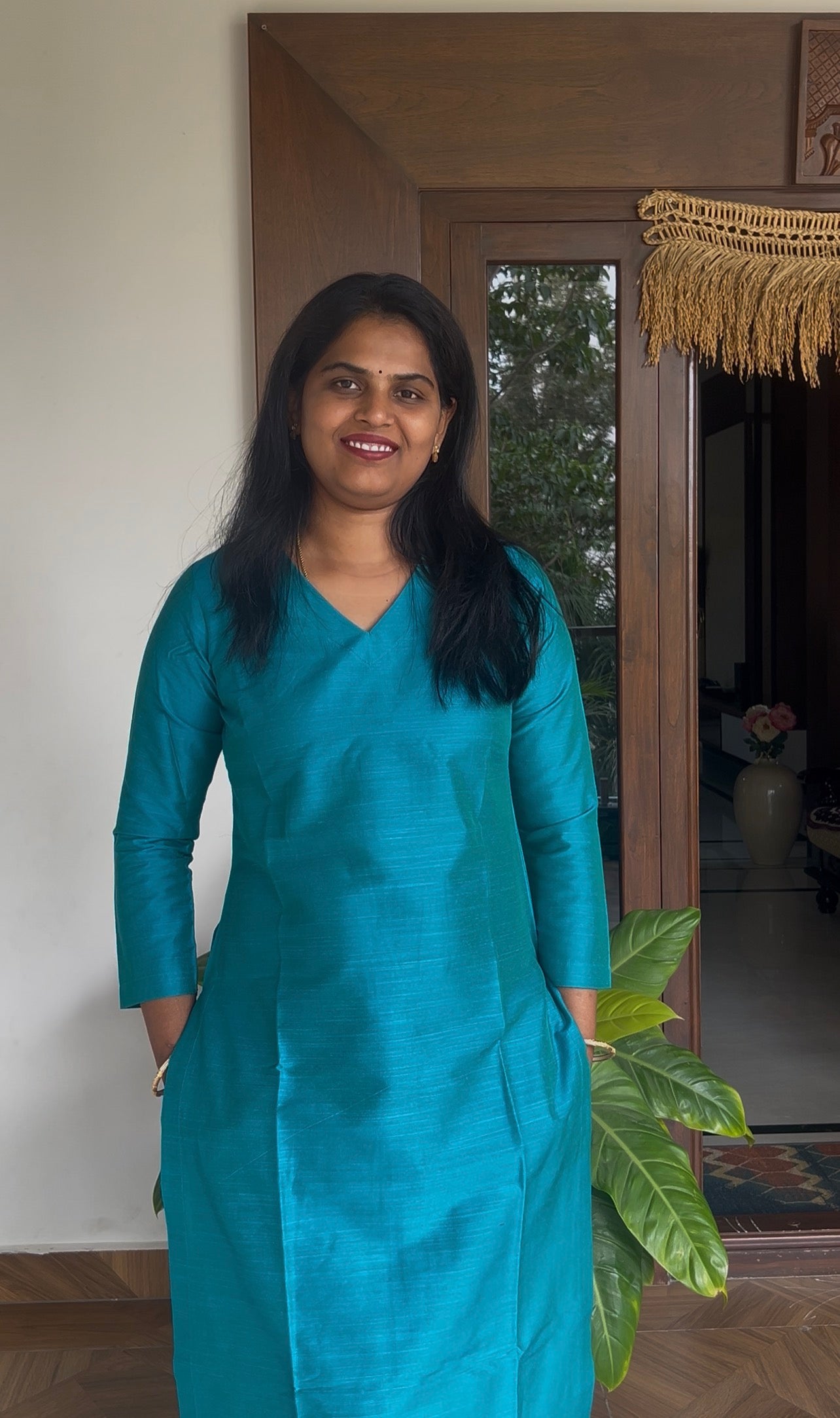Aqua Blue Silk cotton set with kalamkari dupatta