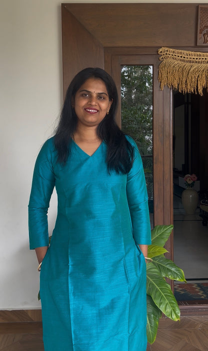 Aqua Blue Silk cotton set with kalamkari dupatta