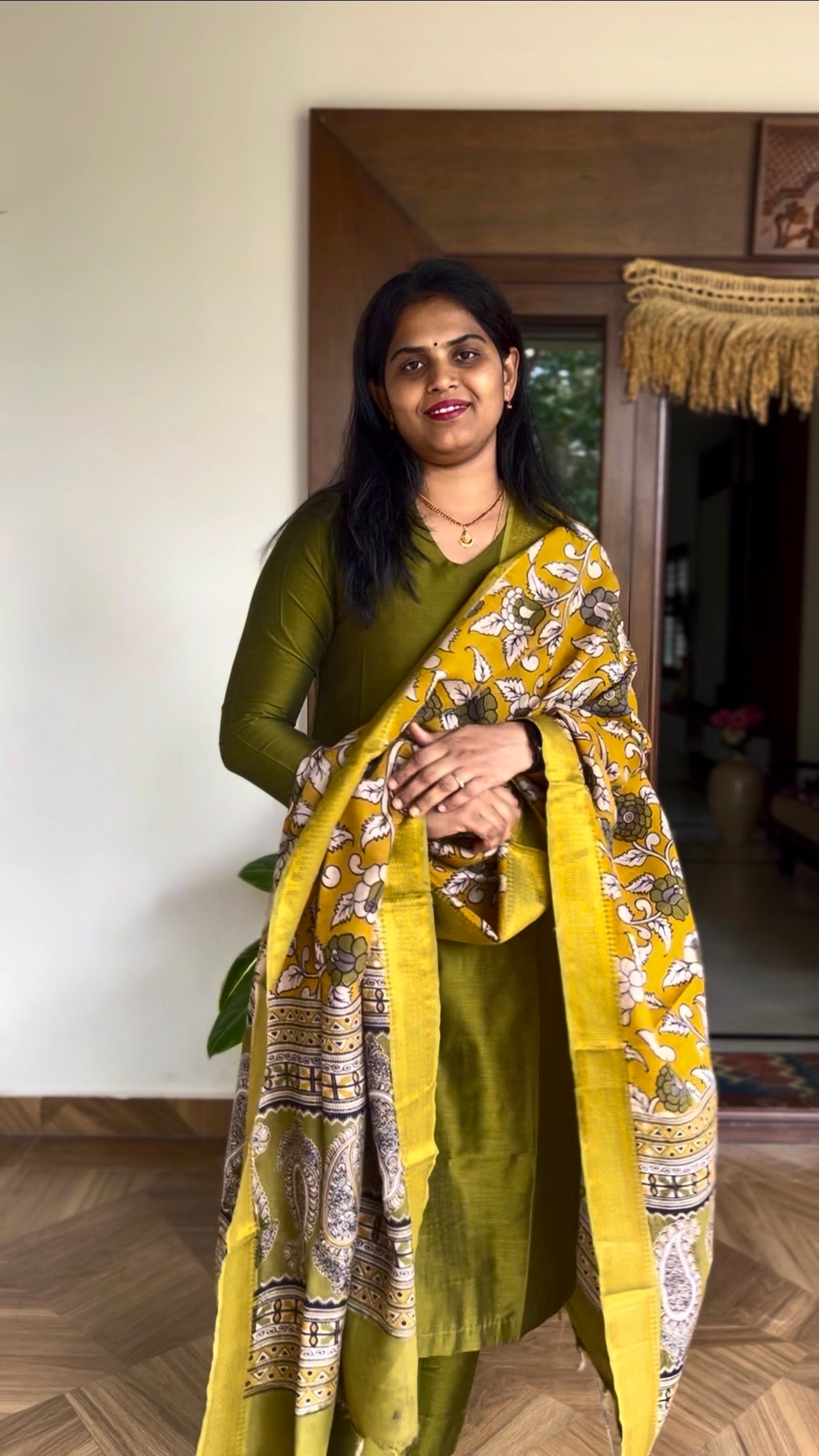 Kalamkari Dupatta - Chennuri silk - Pastel Yellow