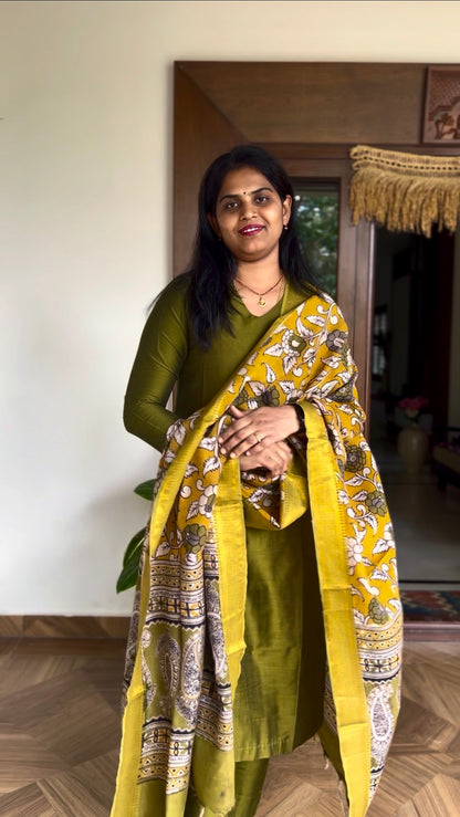 Kalamkari Dupatta - Chennuri silk - Pastel Yellow