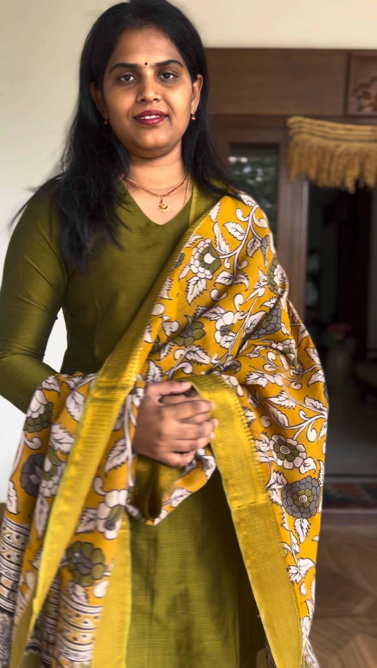 Kalamkari Dupatta - Chennuri silk - Pastel Yellow