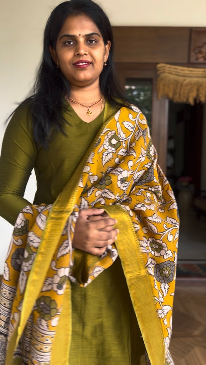 Kalamkari Dupatta - Chennuri silk - Pastel Yellow