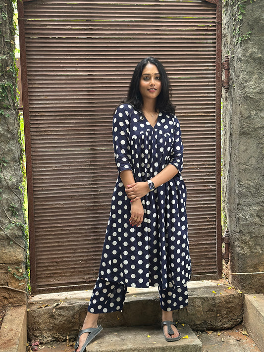 Nainika - Polka Alia Coord set - Navy and white