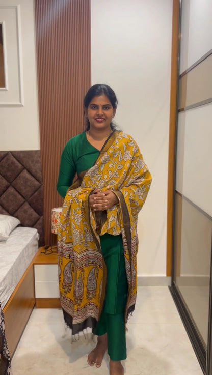 Bhavya - Bottle Green silk set - Kalamkari Dupatta