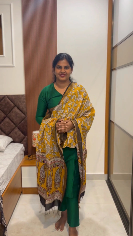 Bhavya - Bottle Green silk set - Kalamkari Dupatta