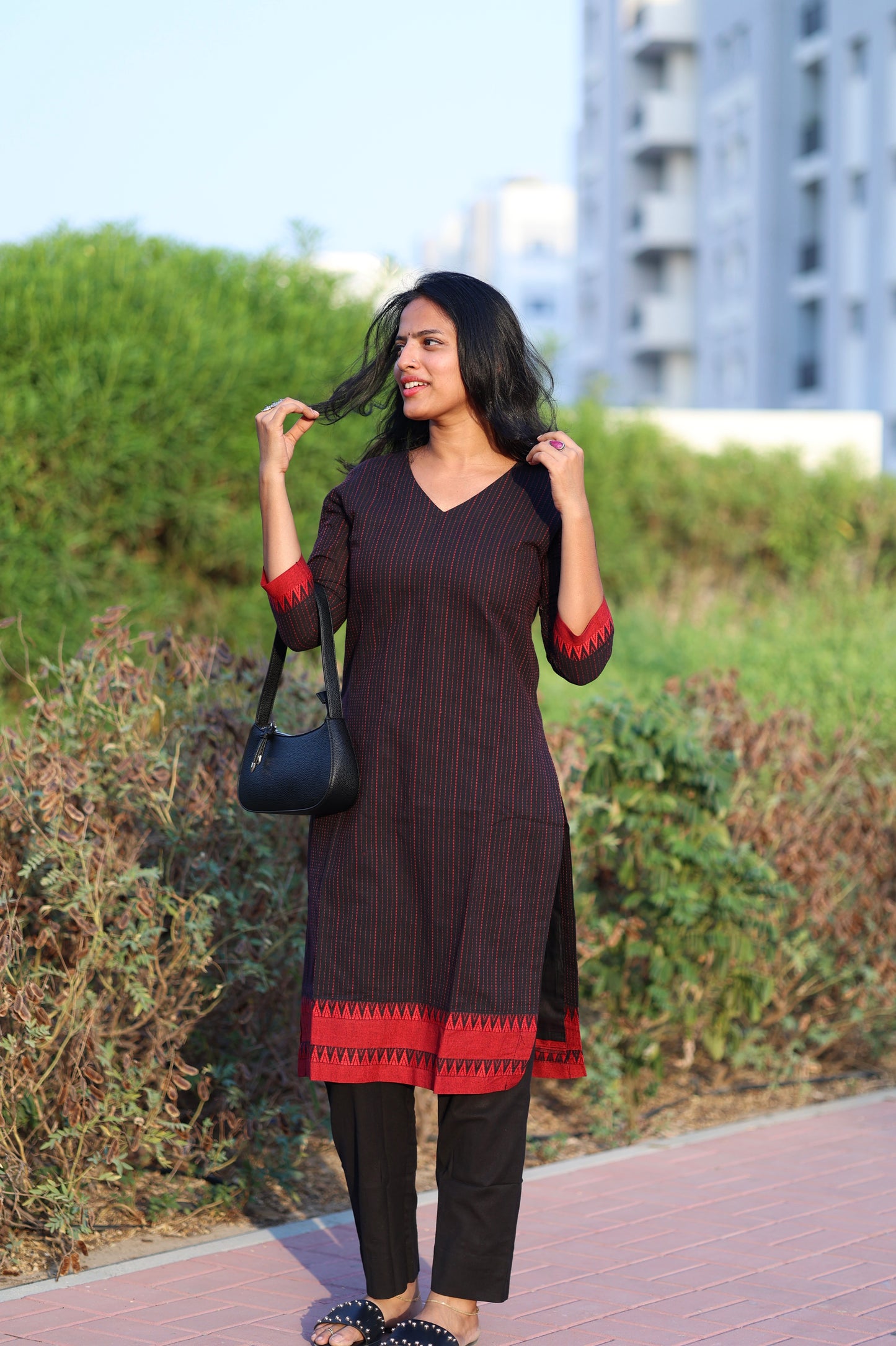 Teena - Pure Handloom Cotton Kurta Set - Black