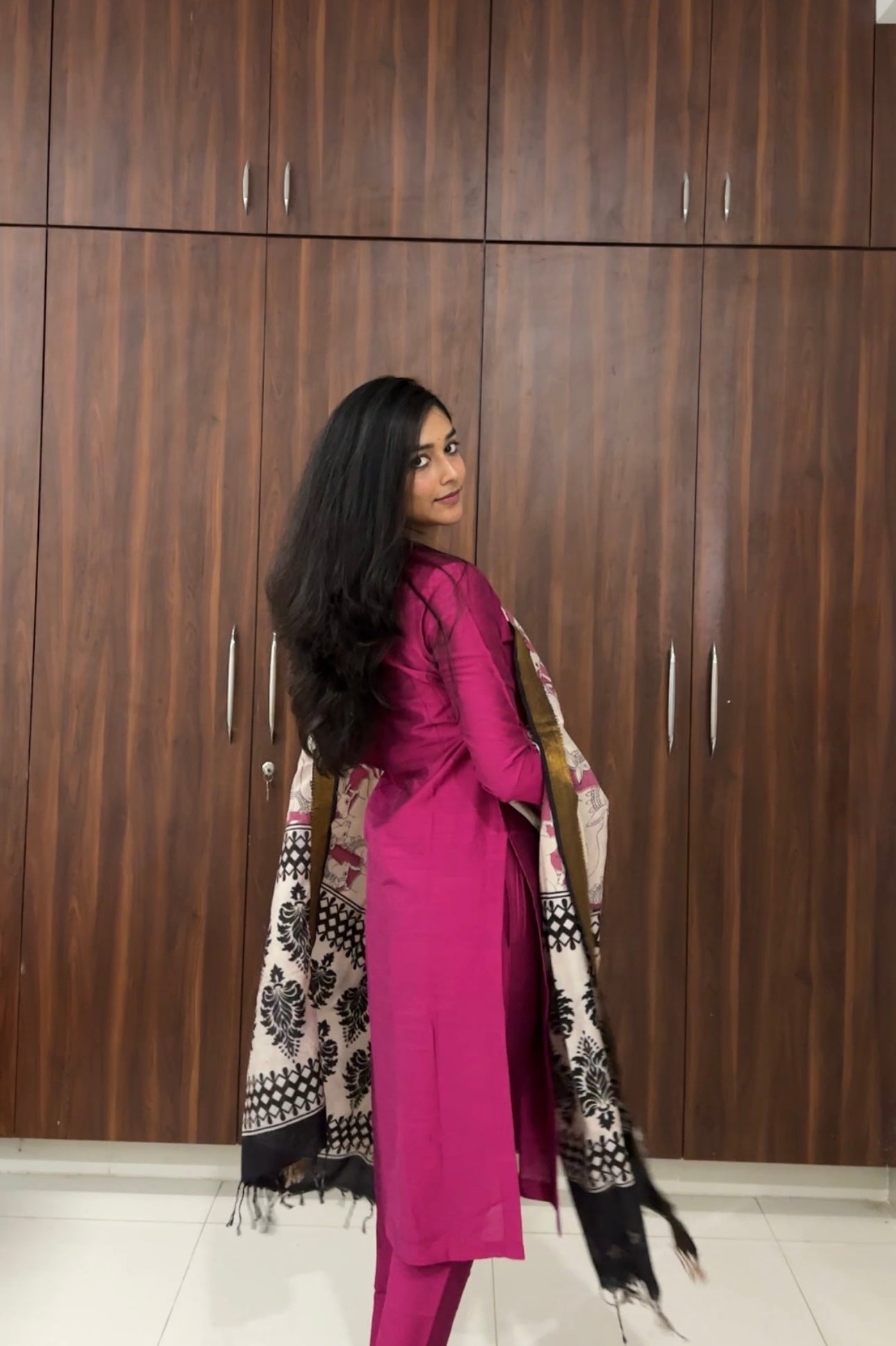 Yogitha - Rani Pink Silk cotton set with Kalamkari dupatta