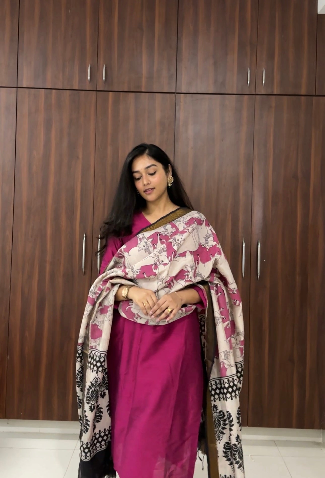 Yogitha - Rani Pink Silk cotton set with Kalamkari dupatta