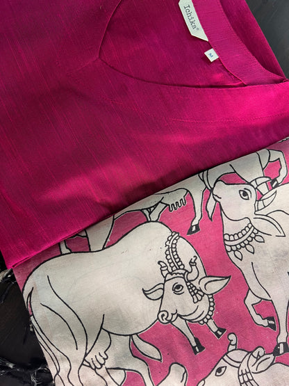 Kalamkari Dupatta - Chennuri silk - Pink and half white