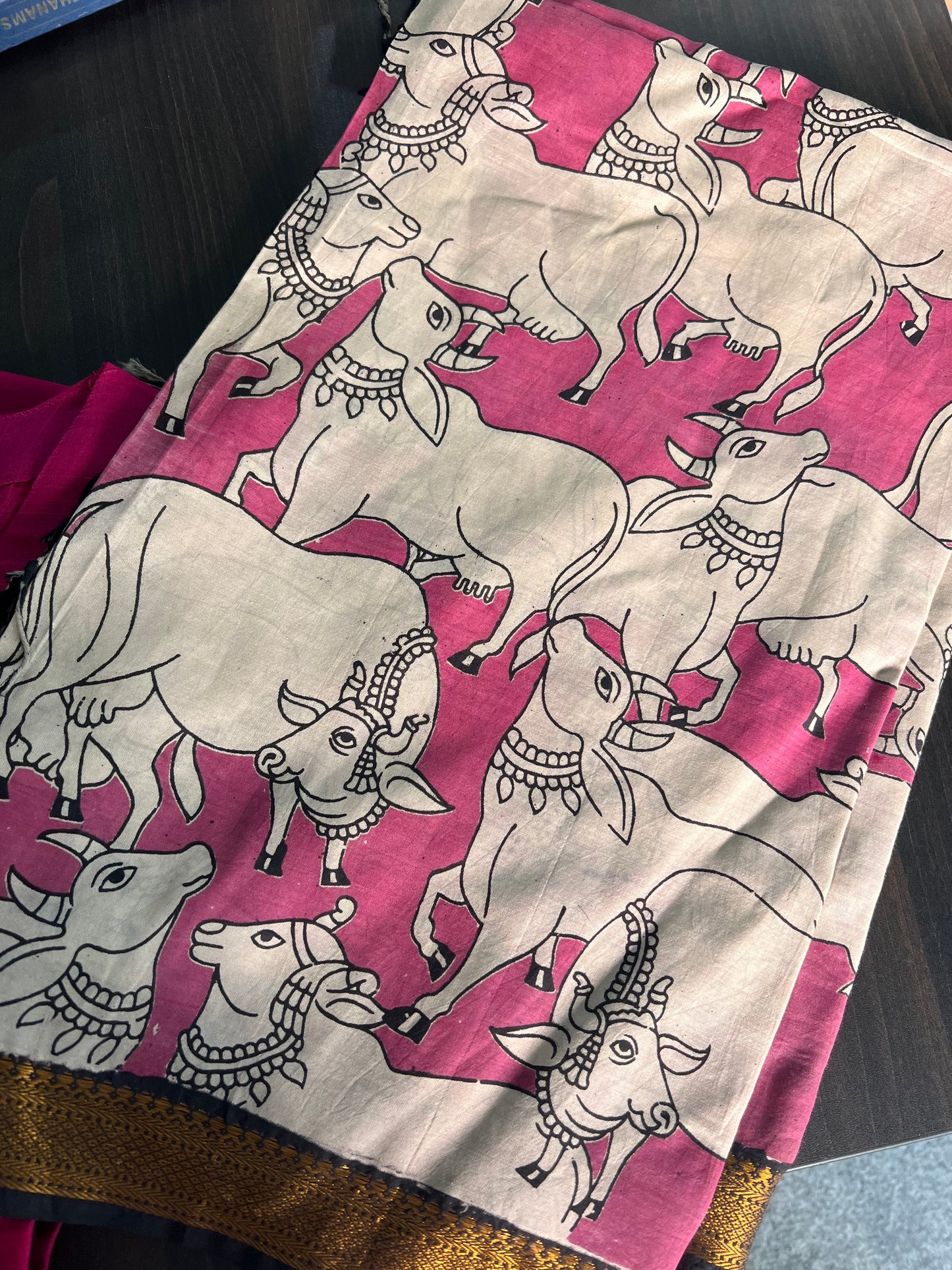 Kalamkari Dupatta - Chennuri silk - Pink and half white