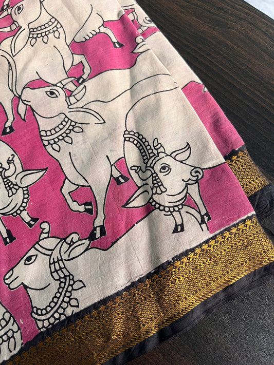 Kalamkari Dupatta - Chennuri silk - Pink and half white