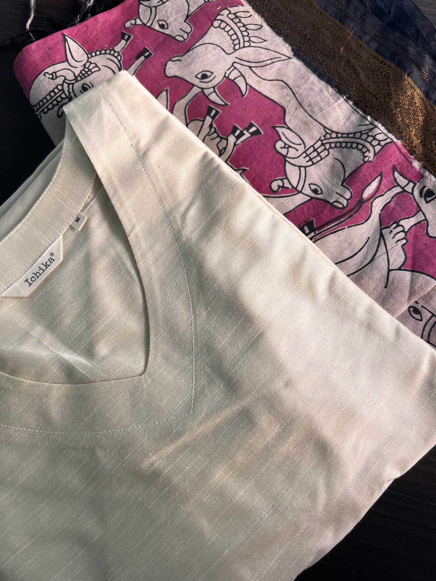 Kalamkari Dupatta - Chennuri silk - Pink and half white