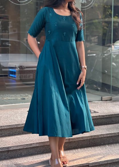 Tara - Teal color silk cotton dress with handwork