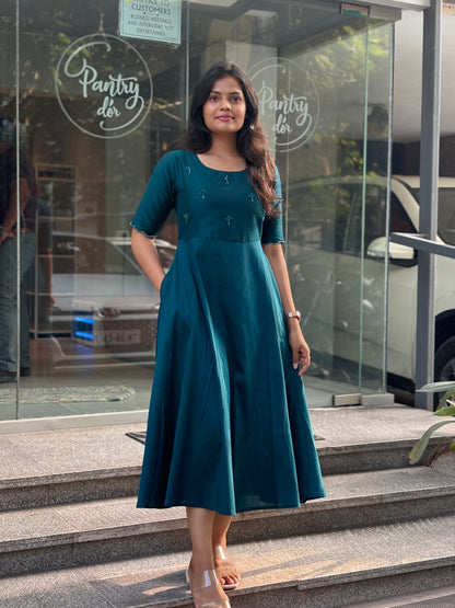 Tara - Teal color silk cotton dress with handwork