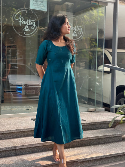 Tara - Teal color silk cotton dress with handwork