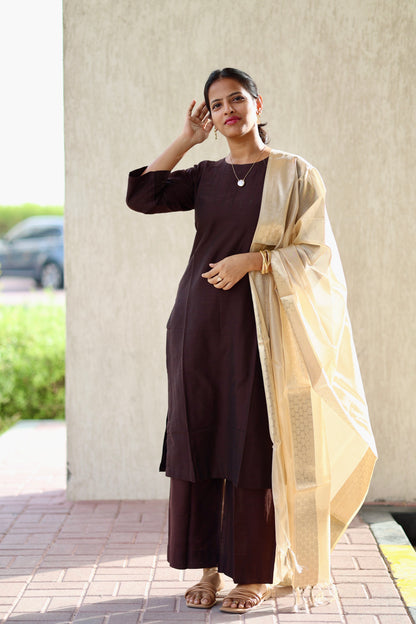 Abilasha - Brown Silk cotton set with Tissue dupatta