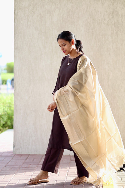 Abilasha - Brown Silk cotton set with Tissue dupatta