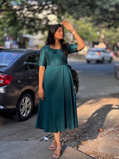 Tara - Teal color silk cotton dress with handwork