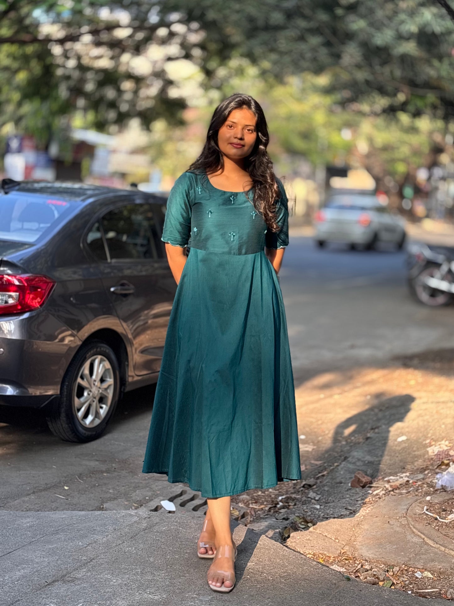 Tara - Teal color silk cotton dress with handwork