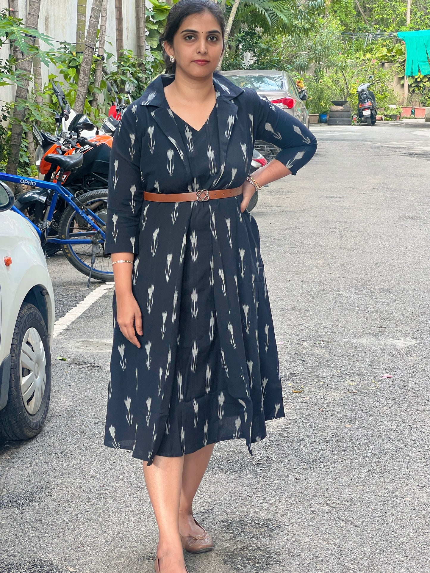 Saira - Ikkat Two layered jacket dress - Black
