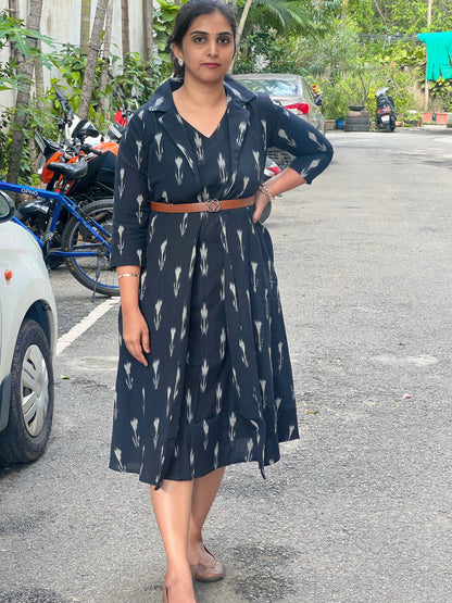 Saira - Ikkat Two layered jacket dress - Black