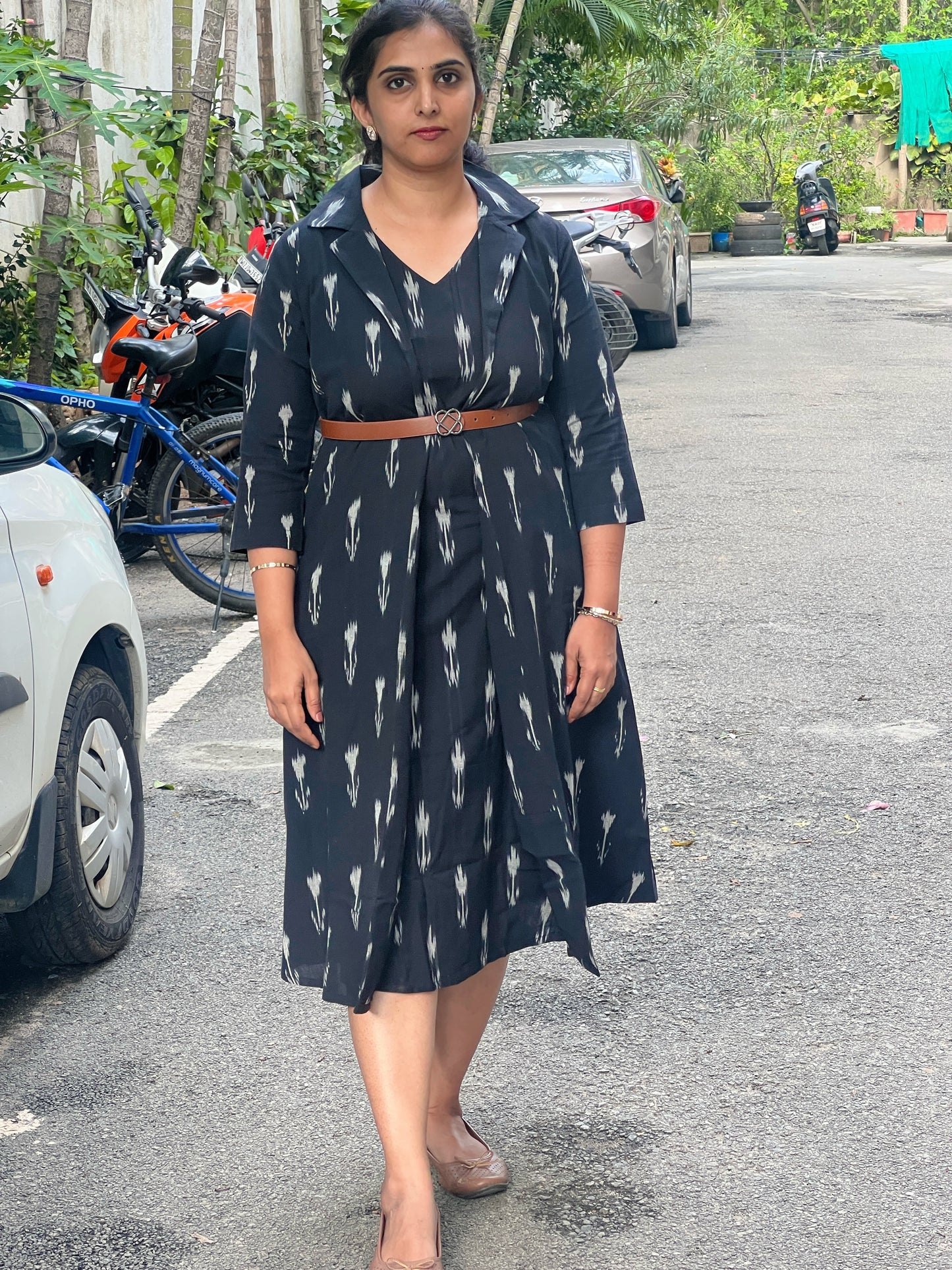 Saira - Ikkat Two layered jacket dress - Black