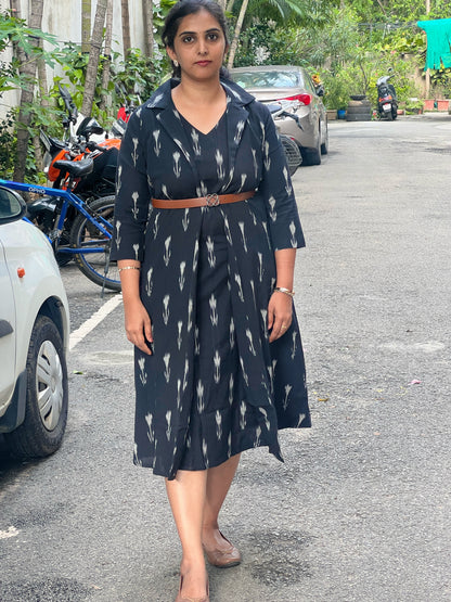Saira - Ikkat Two layered jacket dress - Black