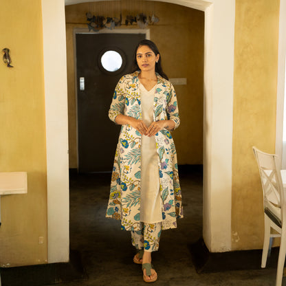 Lathika - Premium Floral Cotton Long jacket kurta set - Beige