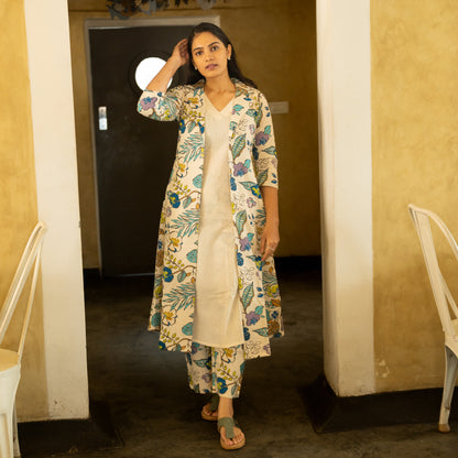 Lathika - Premium Floral Cotton Long jacket kurta set - Beige