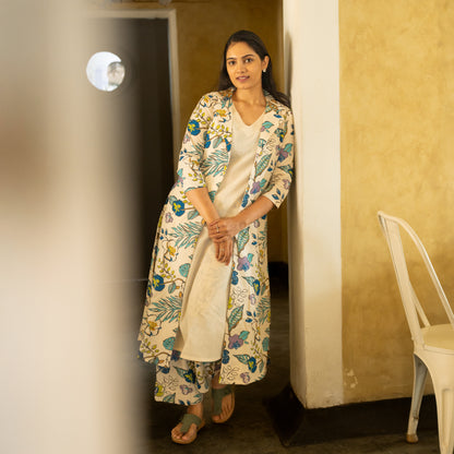 Lathika - Premium Floral Cotton Long jacket kurta set - Beige