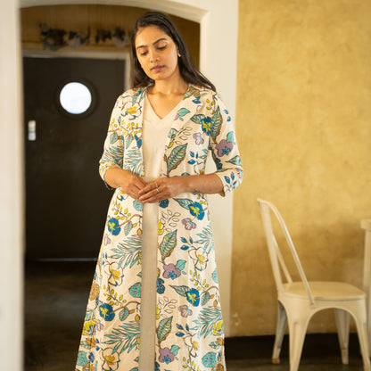 Lathika - Premium Floral Cotton Long jacket kurta set - Beige