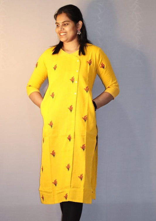 Pavani -Cotton with embriodery Kurti - Yellow