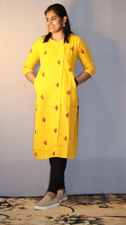 Pavani -Cotton with embriodery Kurti - Yellow